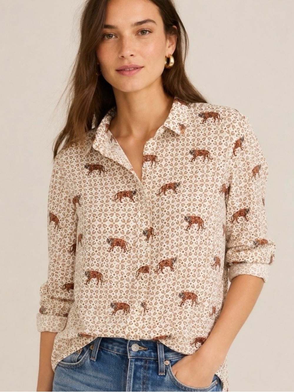 J Crew petite silk twill Button-Up Shirt  in Tiger Print-  Dusty Ivory, 8P